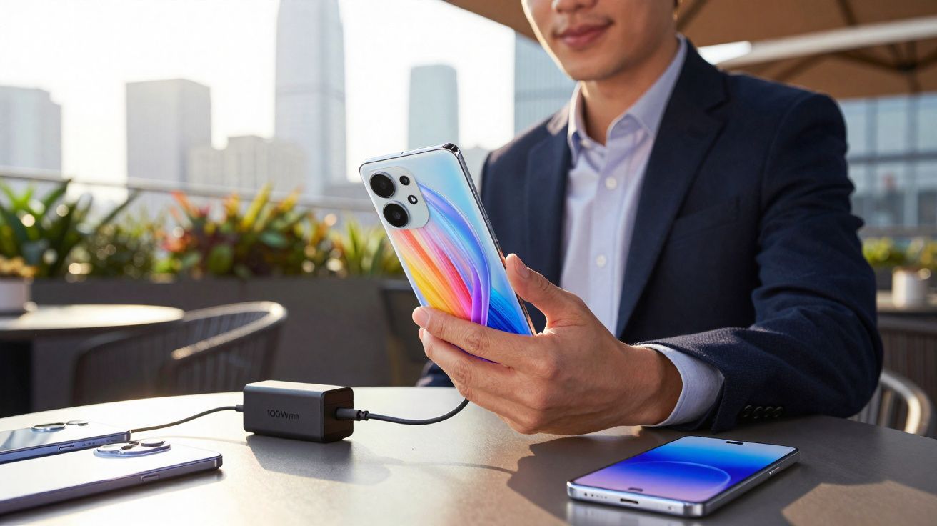 Homem em fato a segurar smartphone colorido enquanto carrega com carregador rápido numa mesa ao ar livre.