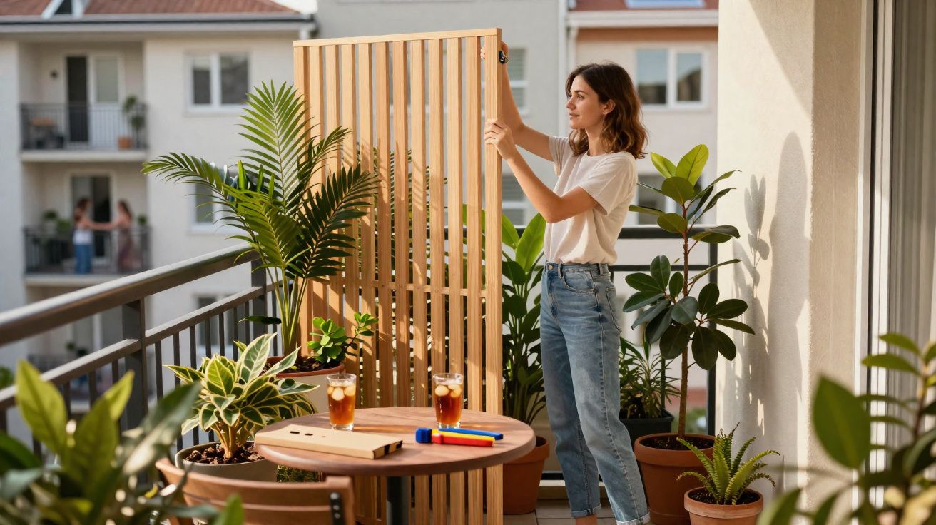 Mulher arranja biombo de madeira na varanda com várias plantas e mesa com bebidas.
