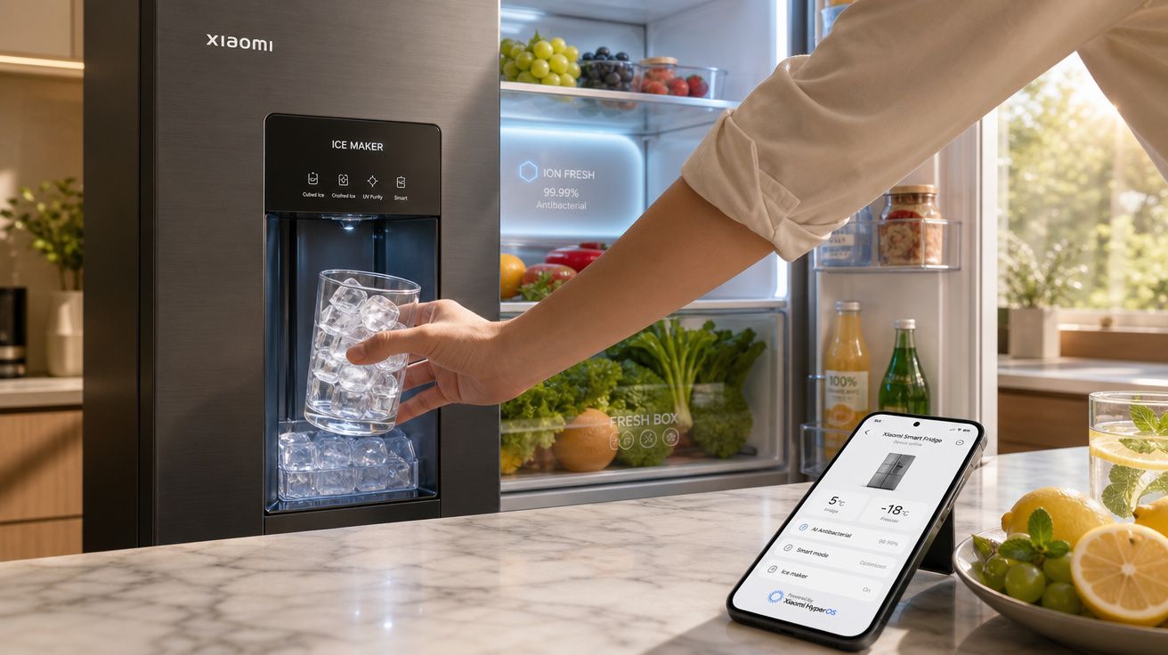 Pessoa a encher copo com cubos de gelo em frigorífico Xiaomi, smartphone com app ao lado.