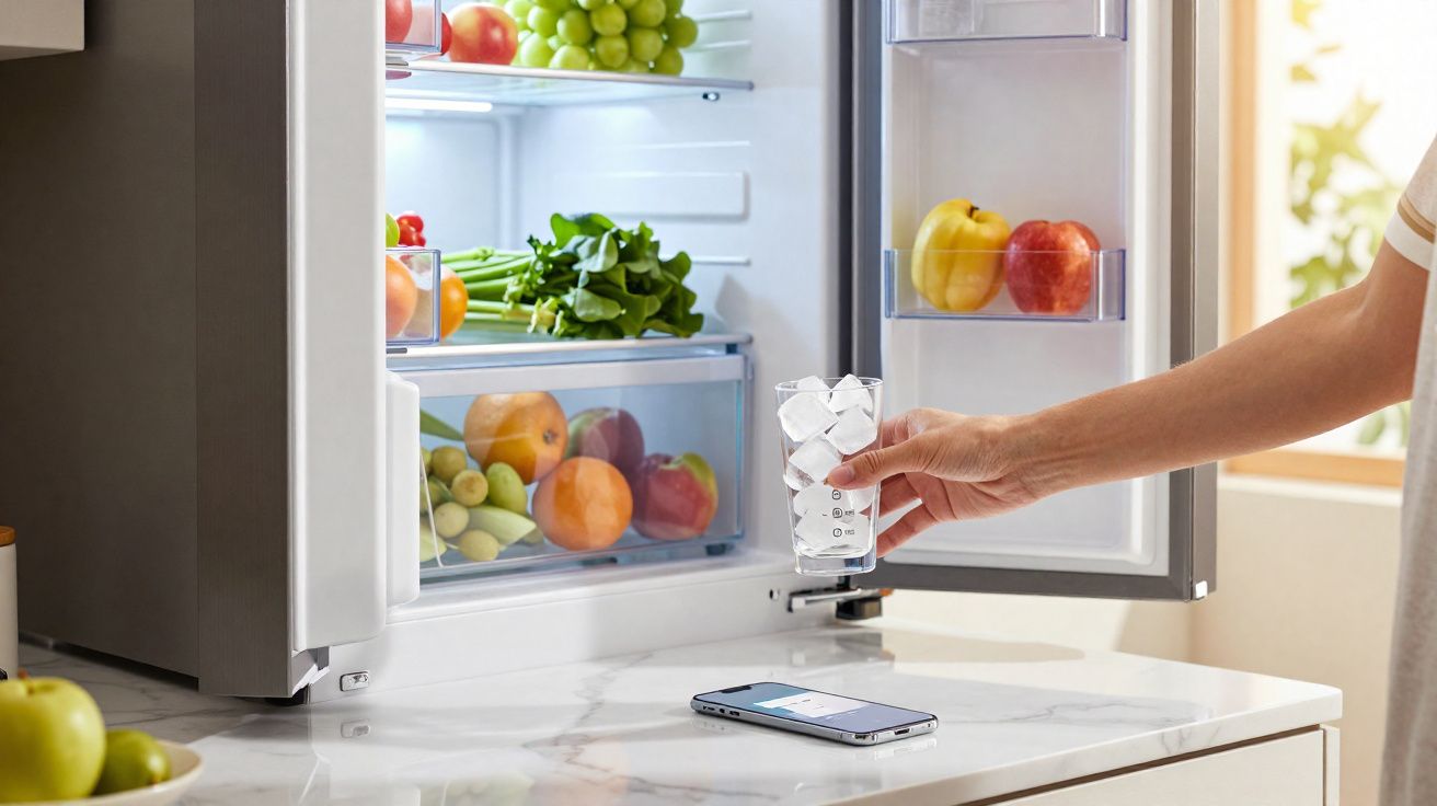 Mão a tirar copo com gelo do frigorífico aberto cheio de frutas frescas numa cozinha iluminada.