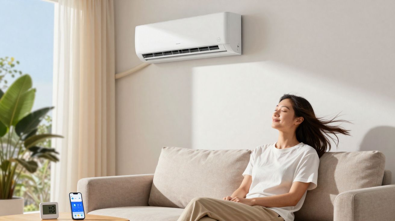 Mulher relaxa no sofá sob um ar condicionado ligado, com smartphone e termómetro numa mesa à frente.