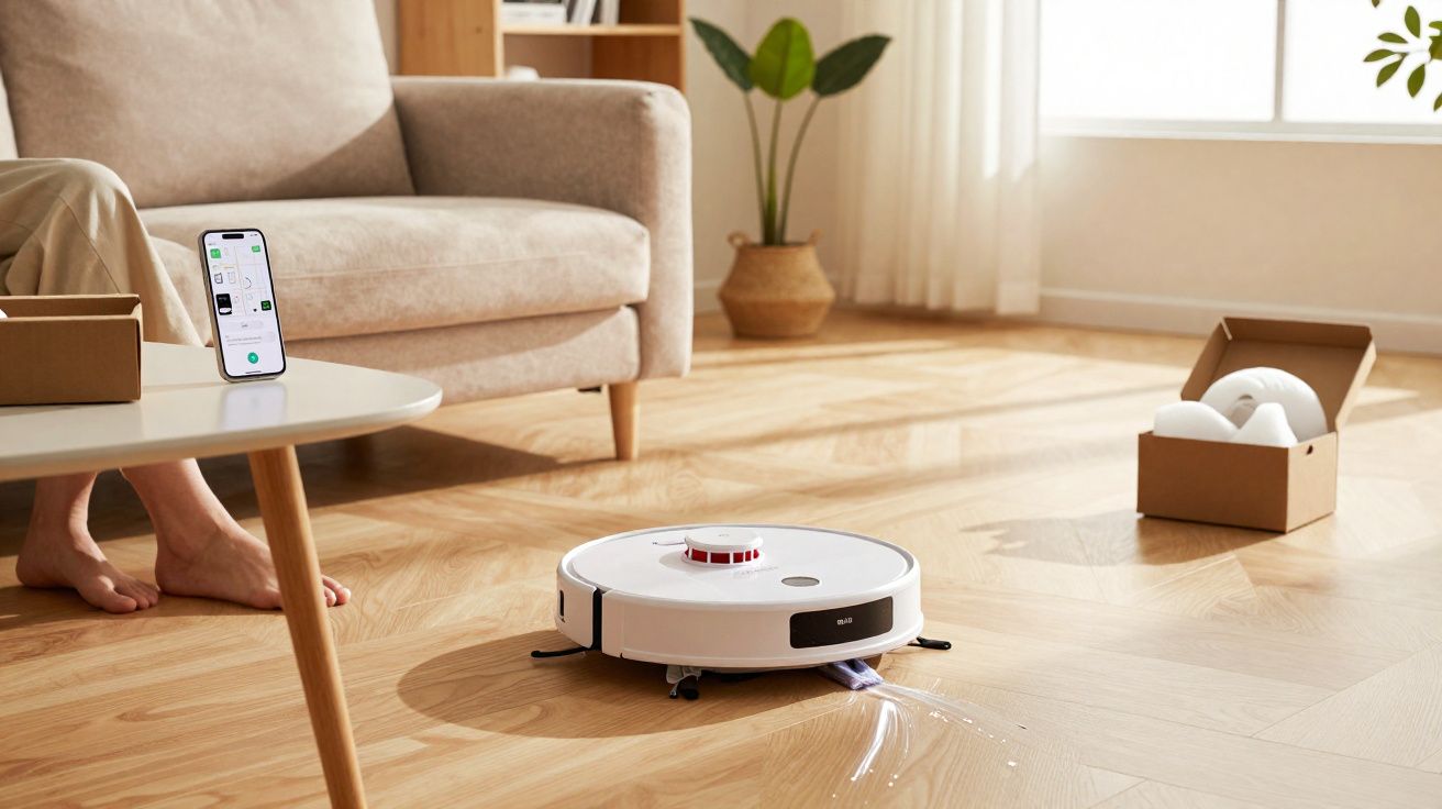 Aspirador robô a limpar chão de madeira numa sala com sofá, mesa, planta e telefone móvel.