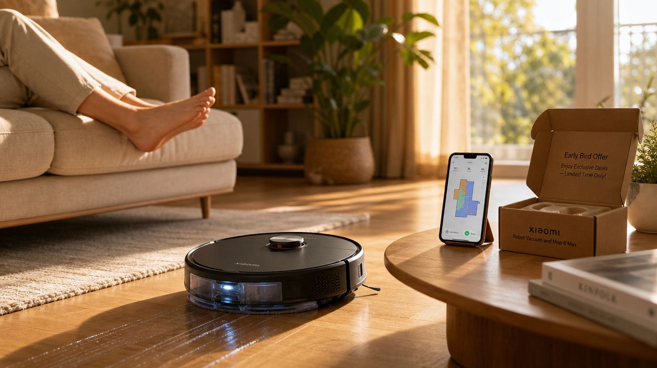 Robô aspirador Xiaomi a limpar chão de madeira numa sala moderna, controlado por smartphone.