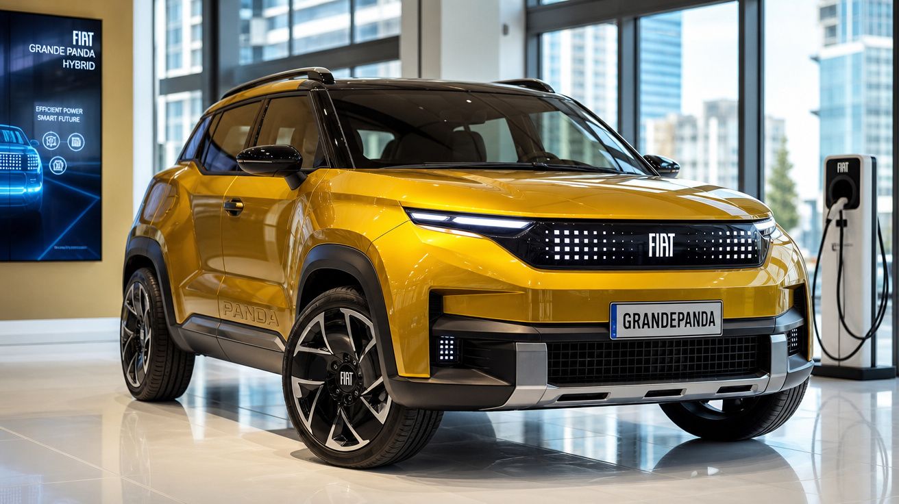 Fiat Grande Panda híbrido amarelo exibido numa sala de exposição moderna com carregador elétrico.