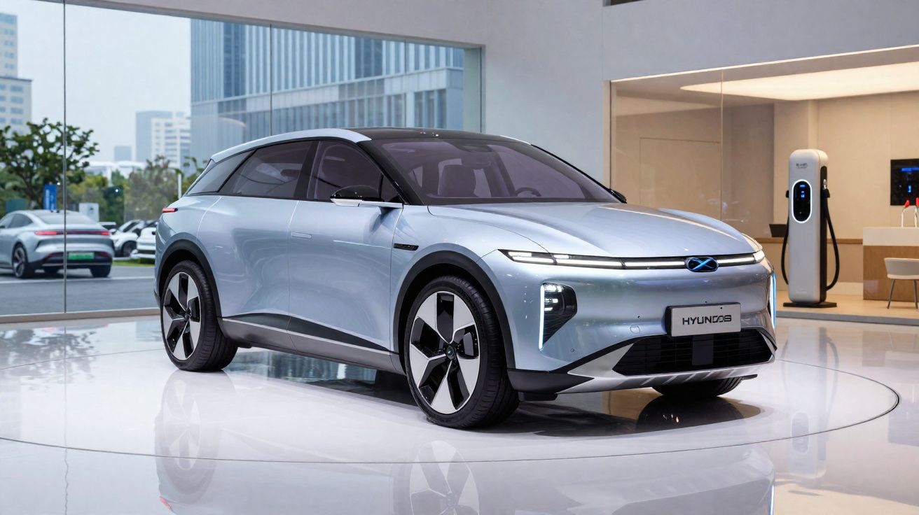 Carro elétrico Hyundai Ioniq 6 prateado em exposição num espaço moderno com estação de carregamento elétrica.