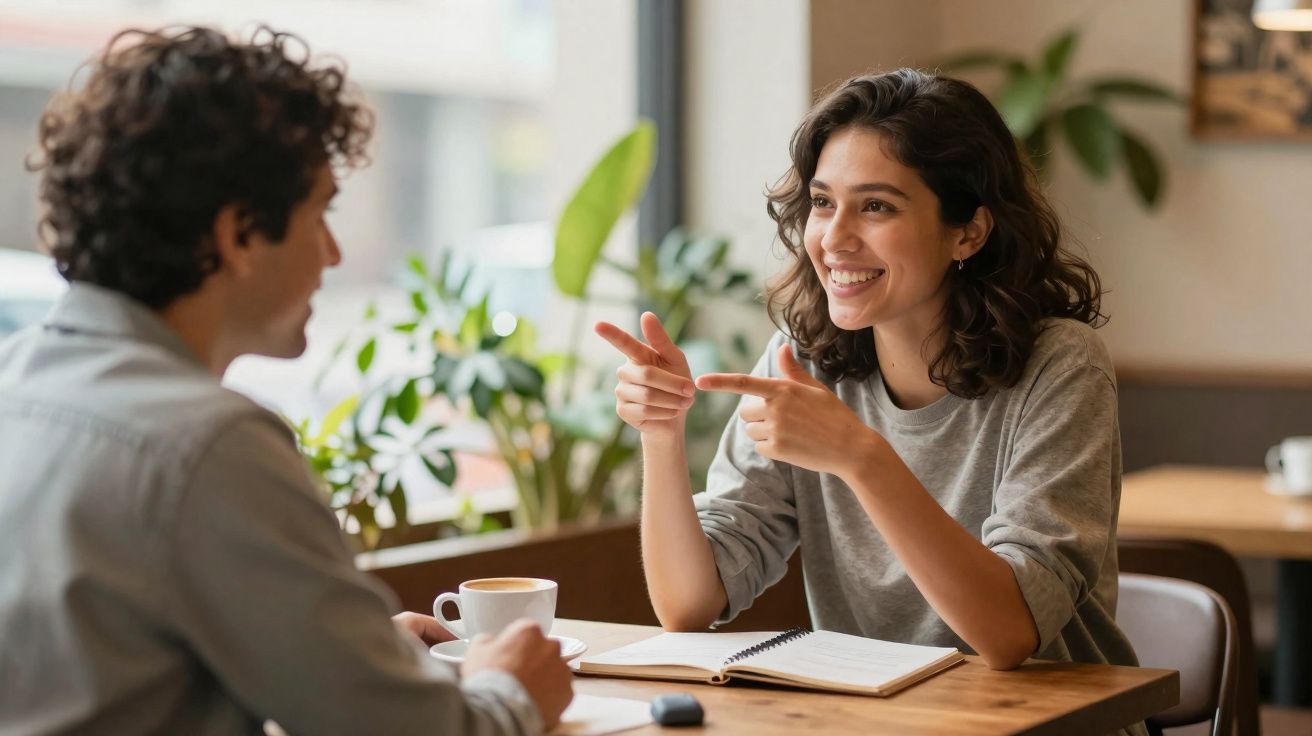 Duas pessoas sentadas numa mesa de café a conversar, com cadernos e uma chávena de café.