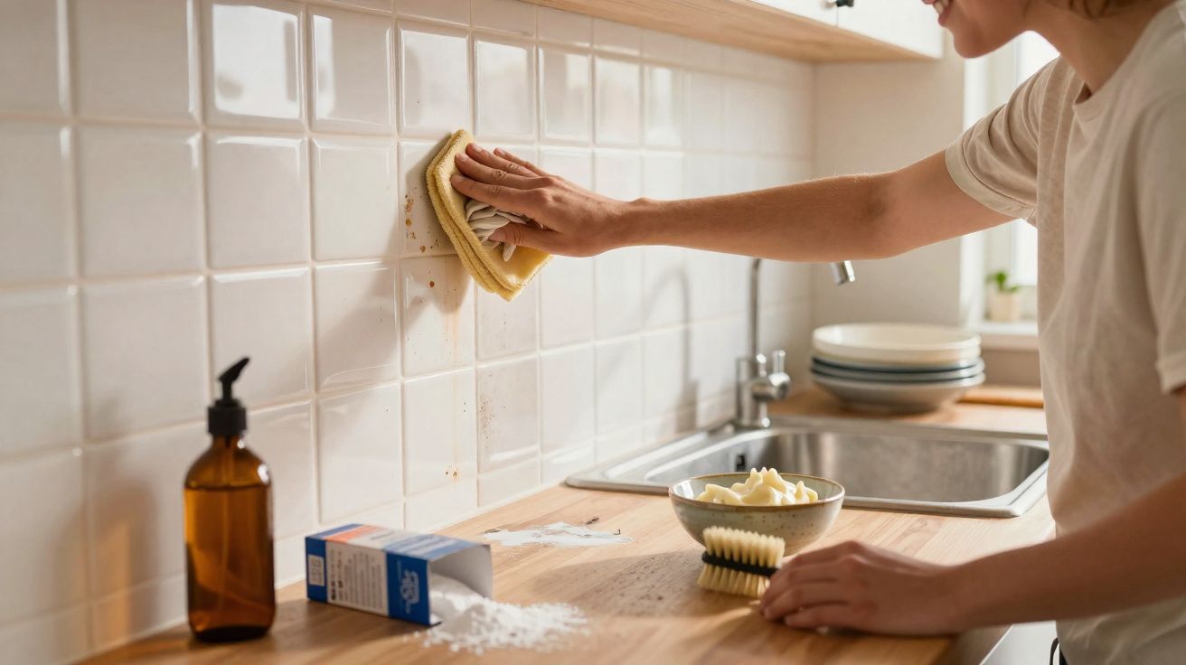 Pessoa a limpar azulejos brancos da cozinha com esponja amarela e produtos de limpeza em balcão de madeira.