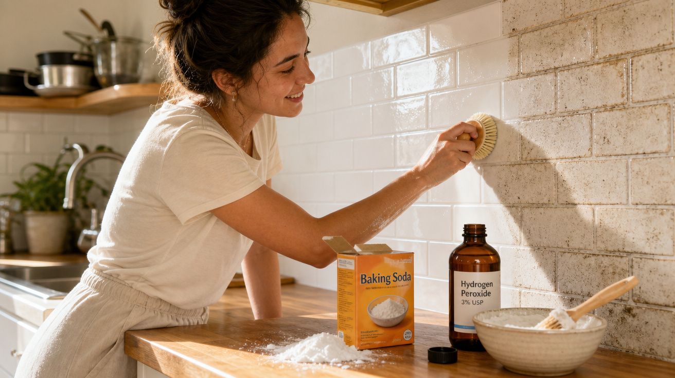 Mulher a limpar azulejos com escova, bicarbonato de sódio e peróxido de hidrogénio numa cozinha.