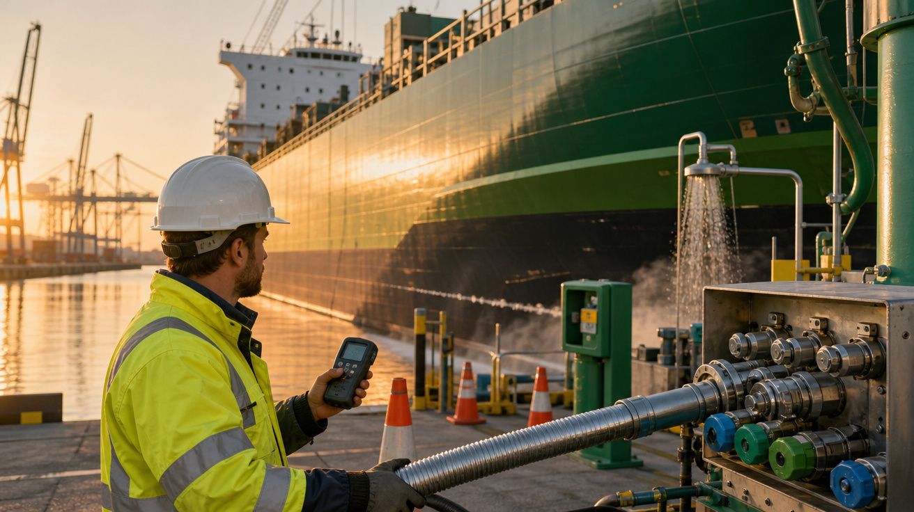 Trabalhador com capacete e colete reflector a operar equipamento de abastecimento junto a navio num porto ao pôr do sol.