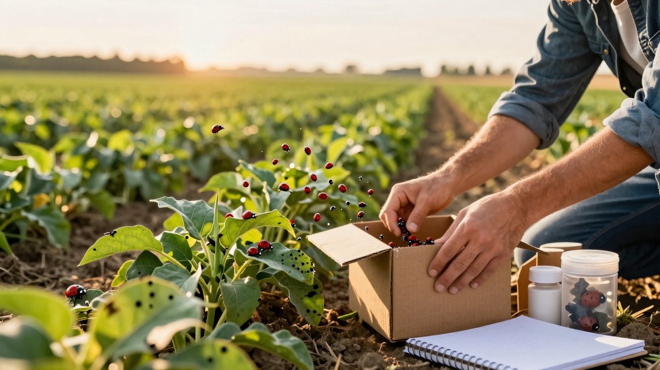 Mãos de agricultor a recolher joaninhas numa caixa de cartão numa plantação com muitas plantas verdes.