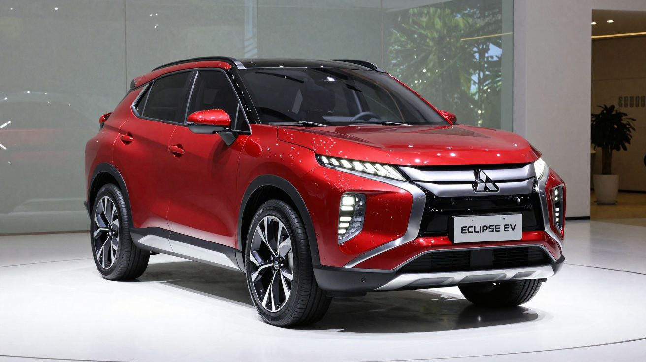 SUV elétrico Mitsubishi Eclipse EV vermelho brilhante em exposição com design moderno e faróis LED.