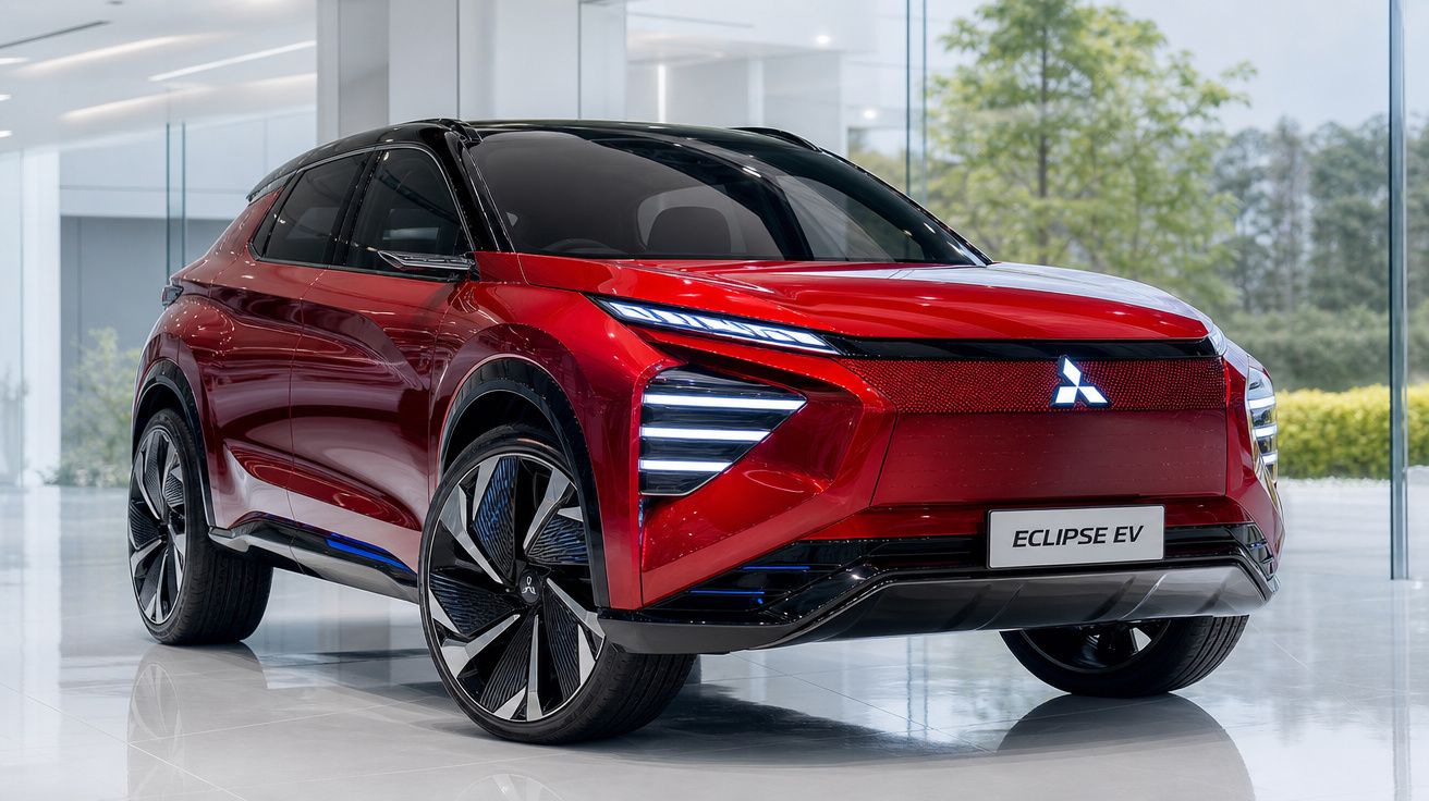 Carro elétrico Mitsubishi Eclipse EV vermelho com design futurista em showroom moderno.