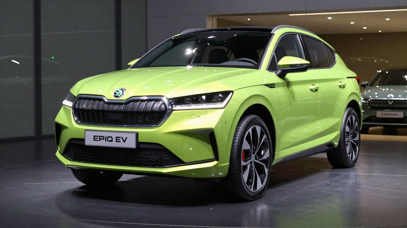 Carro elétrico Škoda Epiq EV verde em exposição numa sala moderna.