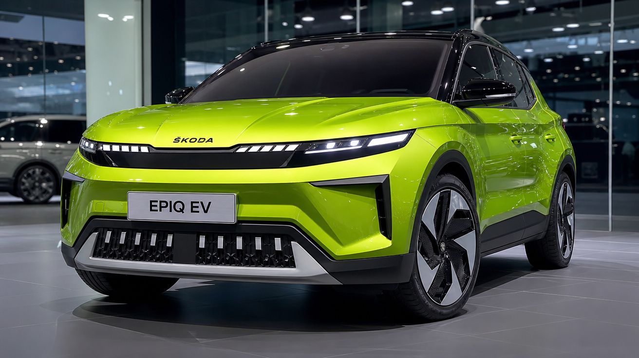 Automóvel elétrico verde lima Škoda EPIQ EV estacionado em showroom moderno.