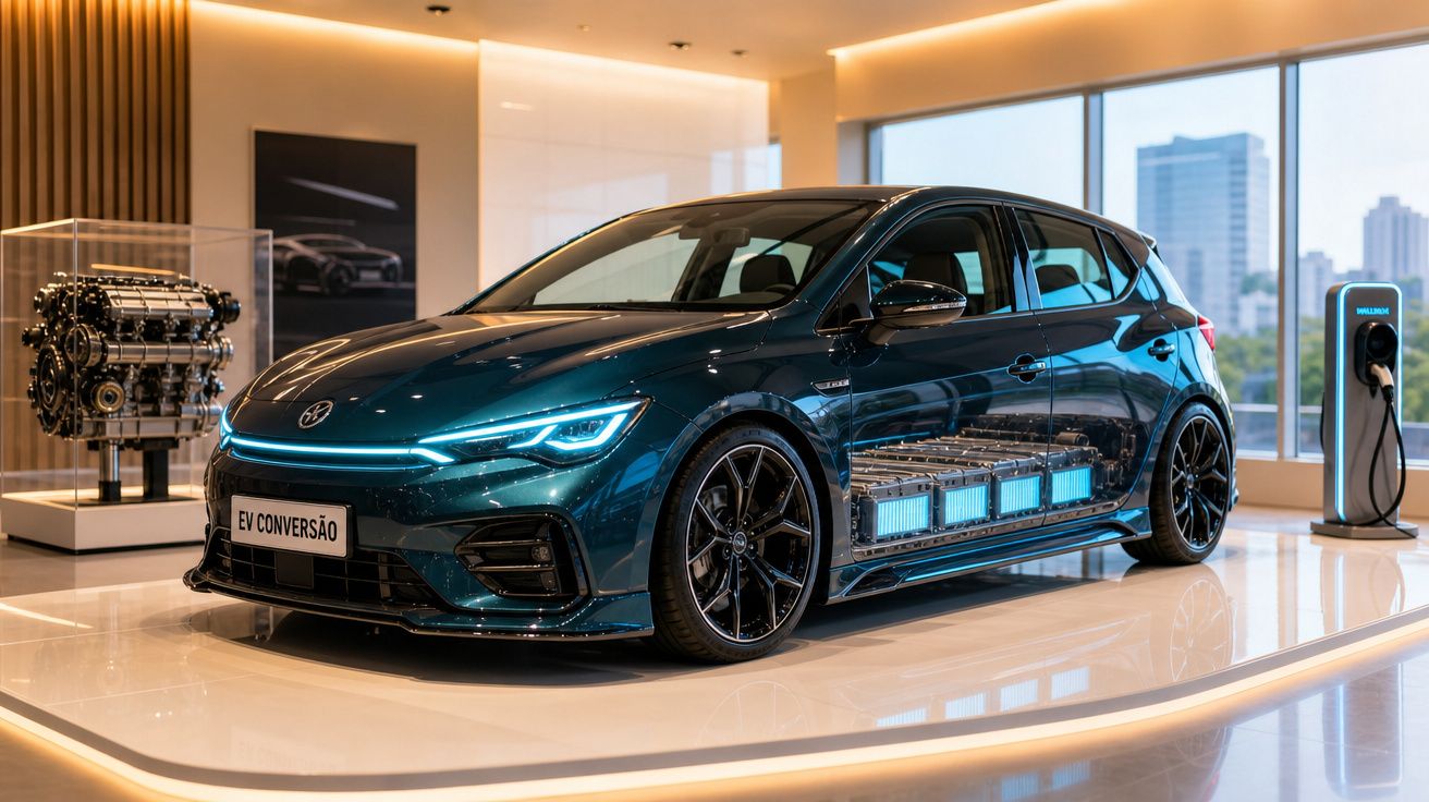 Carro elétrico azul escuro com visualização da bateria, em showroom moderno, ao lado de posto de carregamento.