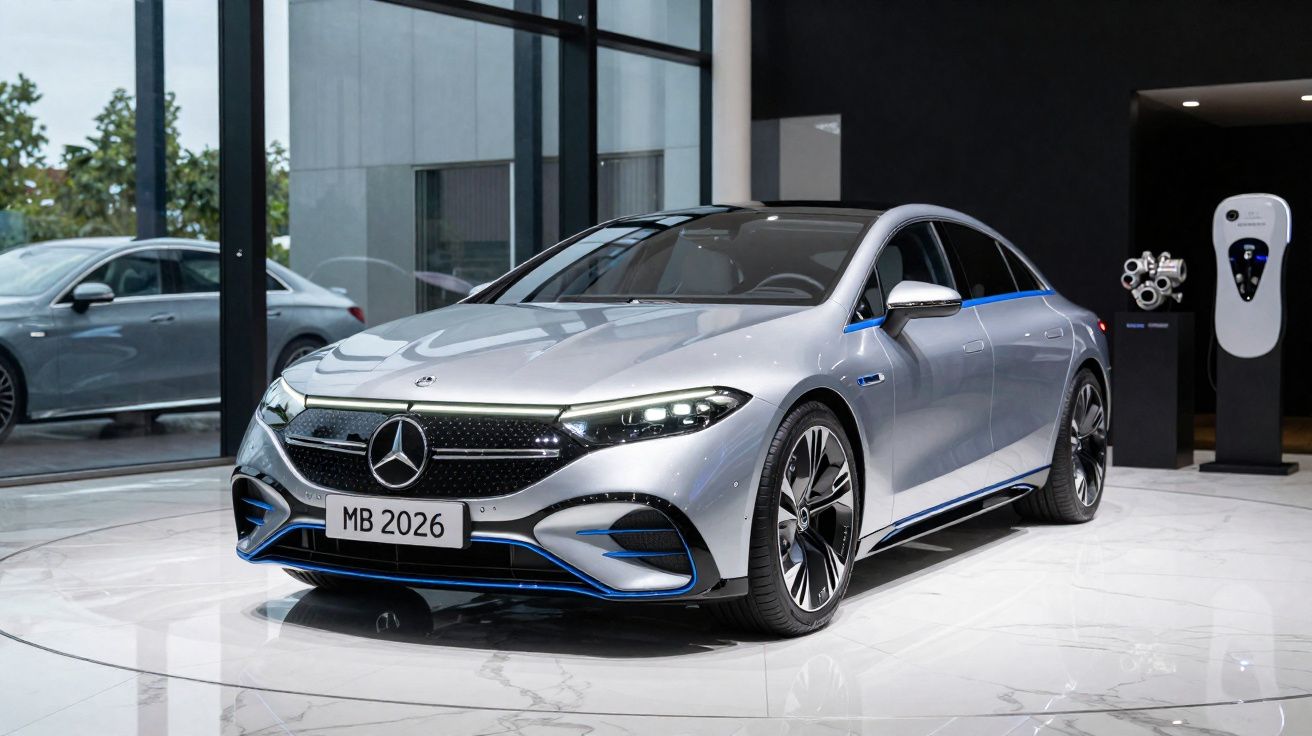 Carro elétrico Mercedes-Benz prata exposto numa sala moderna com piso branco e carregador ao fundo.