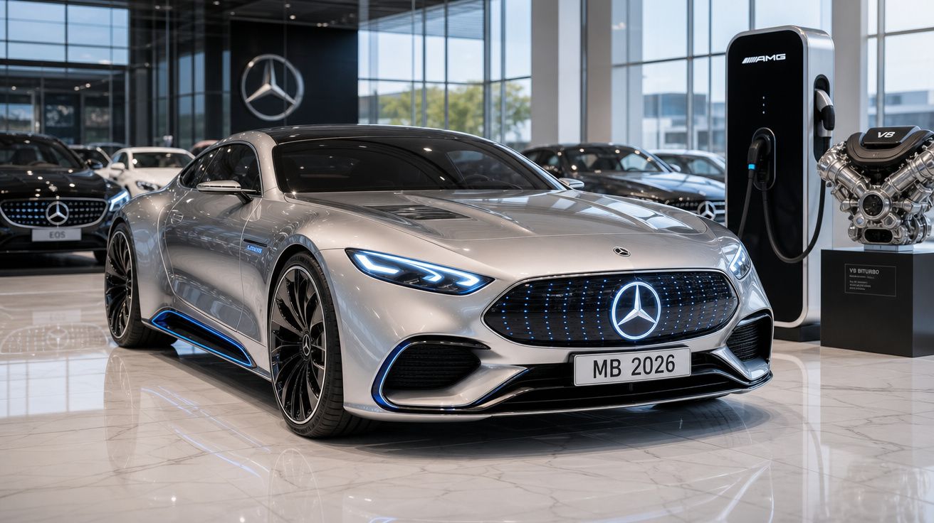 Carro desportivo elétrico Mercedes-Benz prata estacionado em showroom com carregador e motor exposto.