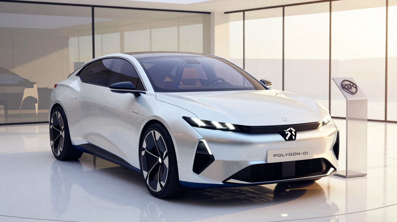 Carro elétrico de alta tecnologia modelo Polygon-01 em ambiente moderno e minimalista.