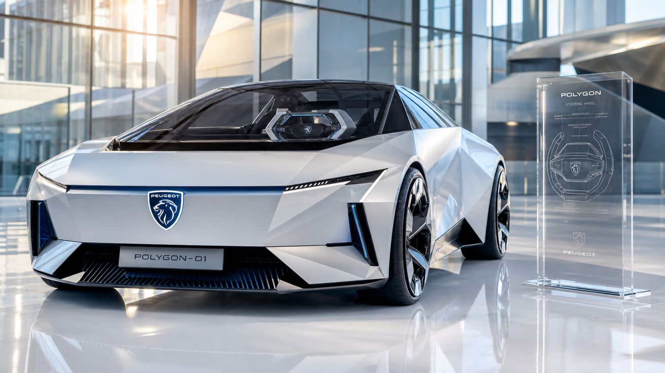 Carro conceito Peugeot Polygon-01 branco e preto em exposição com design futurista e linhas angulares.