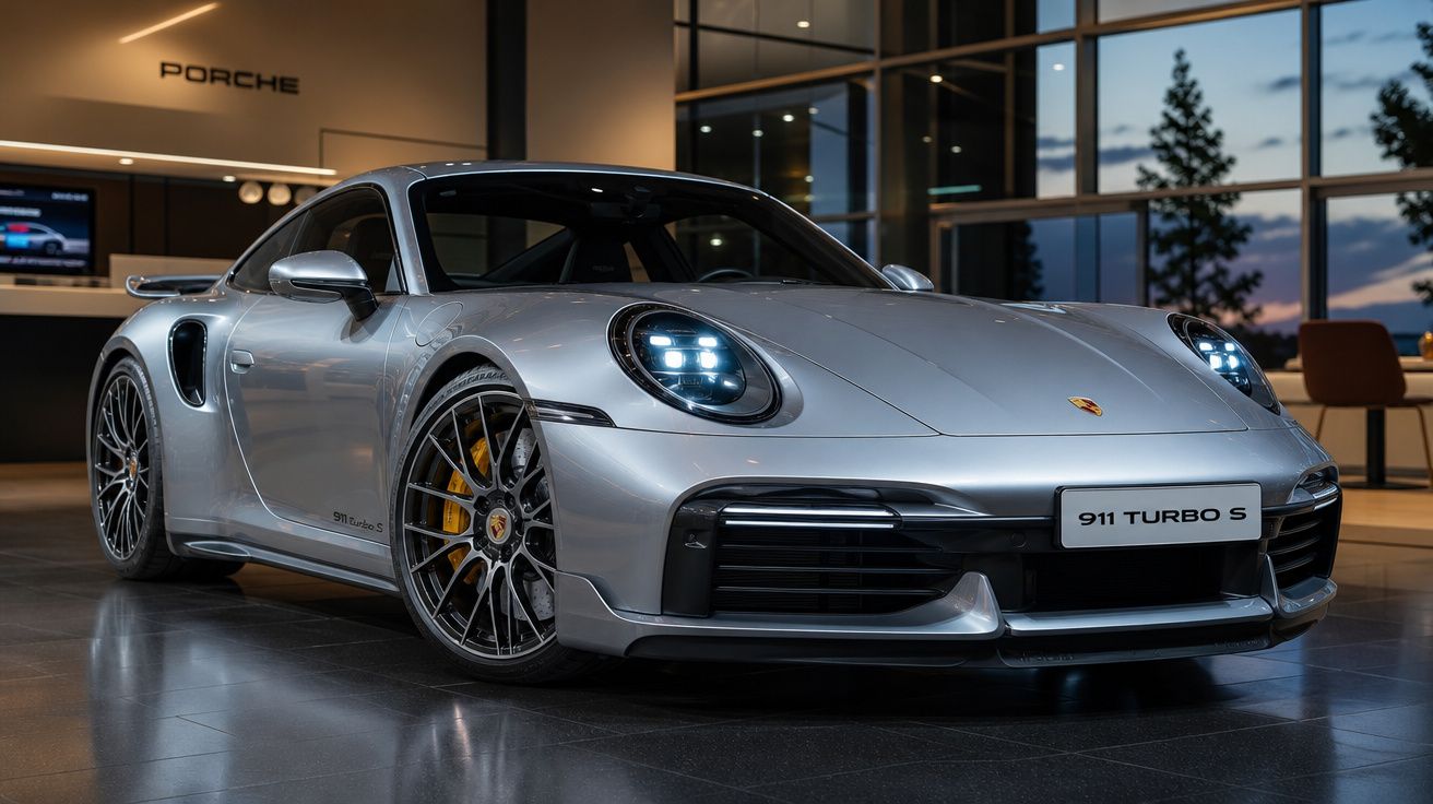 Automóvel Porsche 911 Turbo S prata estacionado numa showroom moderna ao entardecer.