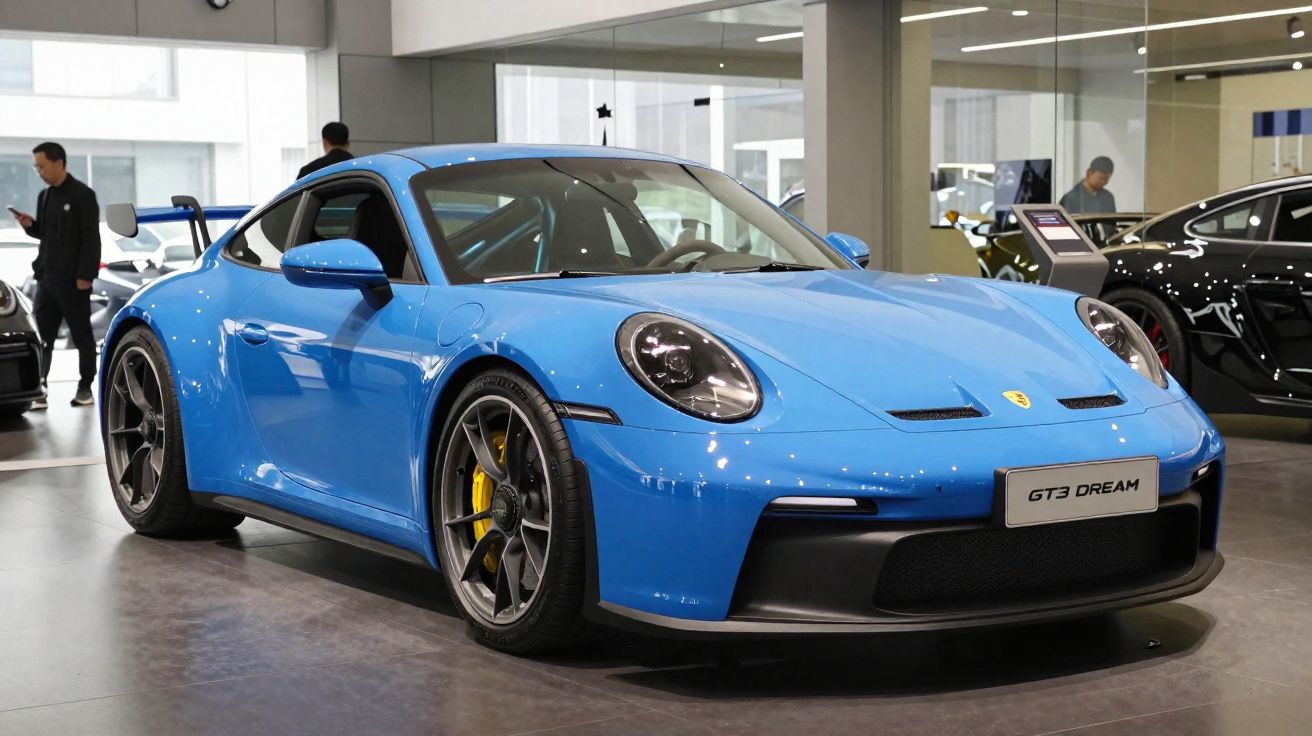 Carro desportivo azul Porsche GT3 DREAM numa exposição automóvel em interior moderno.
