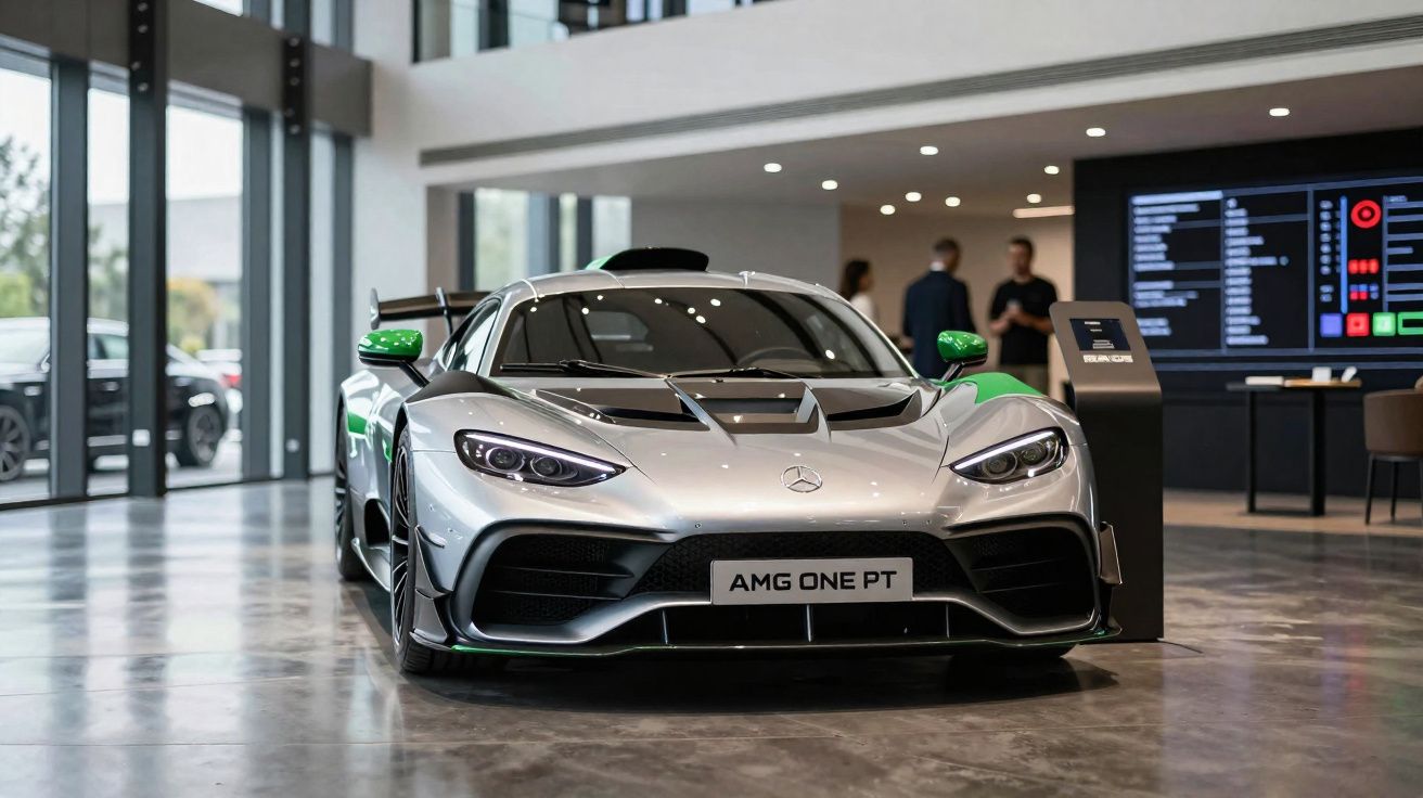 Carro desportivo prateado Mercedes AMG One exposto em sala moderna com pessoas ao fundo.