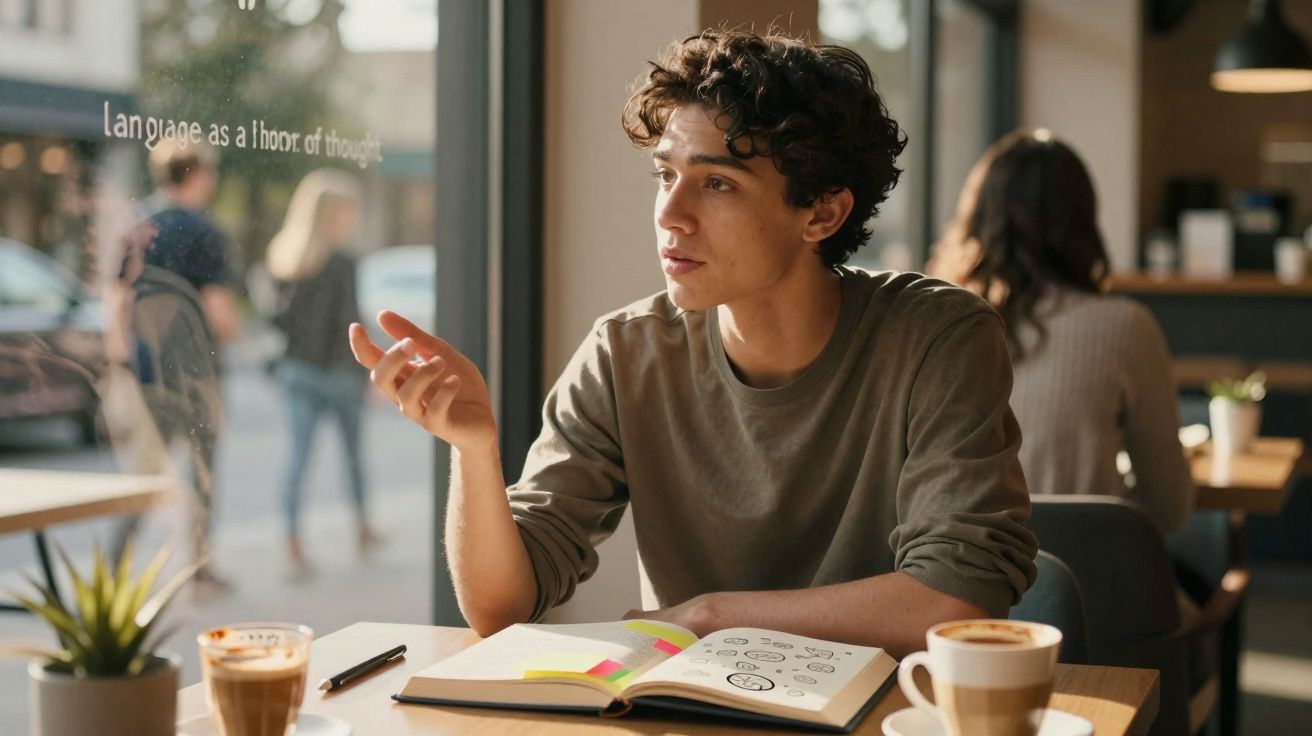 Jovem sentado numa mesa de café, lendo um caderno e expressando-se enquanto observa pela janela.