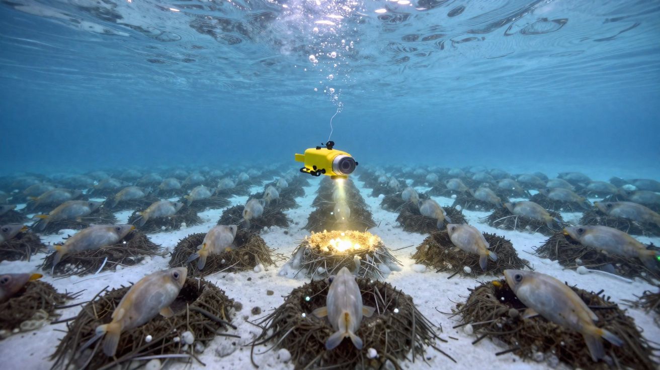 Veículo subaquático amarelo iluminando grupos de peixes e ninhos no fundo do mar.