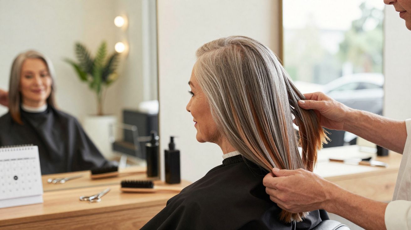 Mulher de cabelo grisalho sentada no cabeleireiro, o profissional está a separar o cabelo dela.