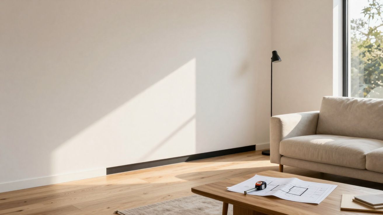 Sala de estar minimalista com sofá bege, mesa de madeira, planta ao fundo e luz natural a entrar pela janela.