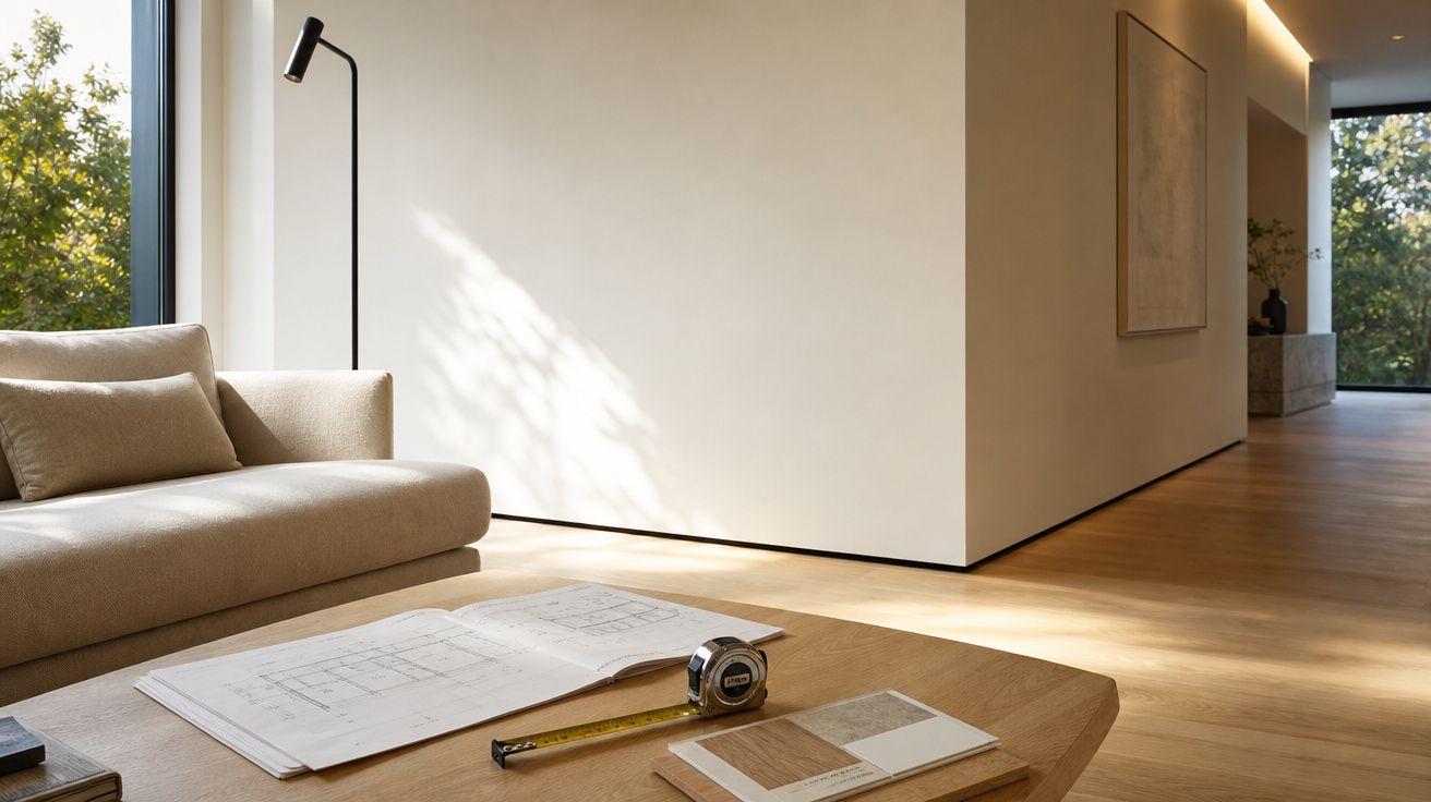 Sala moderna com sofá bege, mesa de madeira, planta baixa, régua de medição e amostras de materiais.