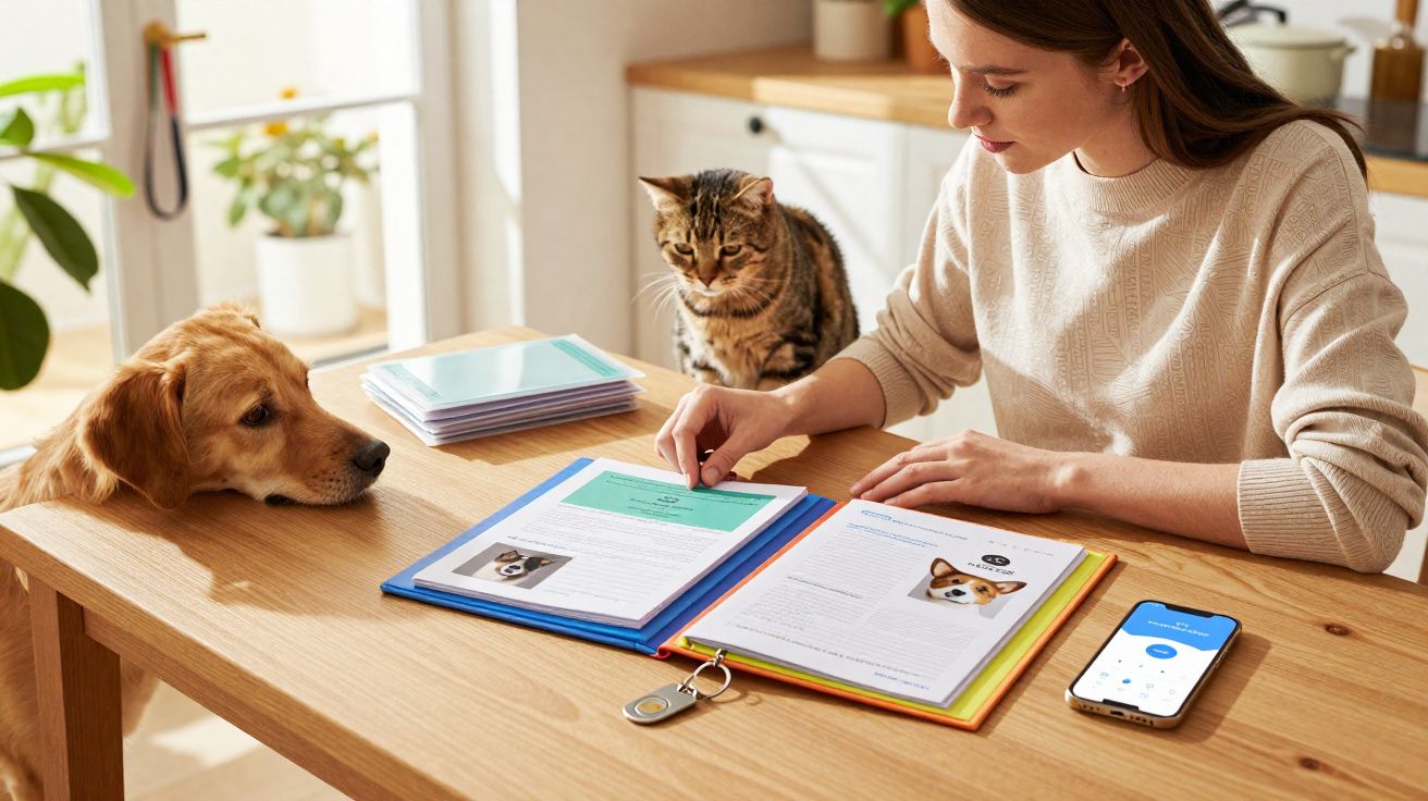 Mulher sentada a estudar documentos sobre animais com um gato e um cão atentos numa mesa de madeira.
