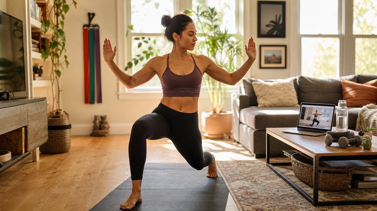 Mulher a praticar yoga em casa seguindo treino online no portátil numa sala iluminada e decorada.