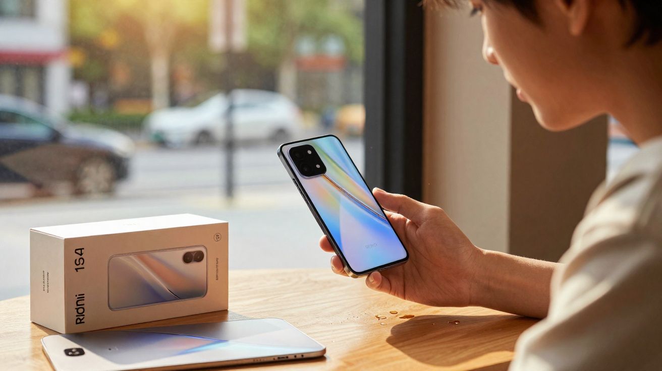 Pessoa segura telemóvel Redmi 15A junto a caixa do aparelho numa mesa com exterior desfocado ao fundo.