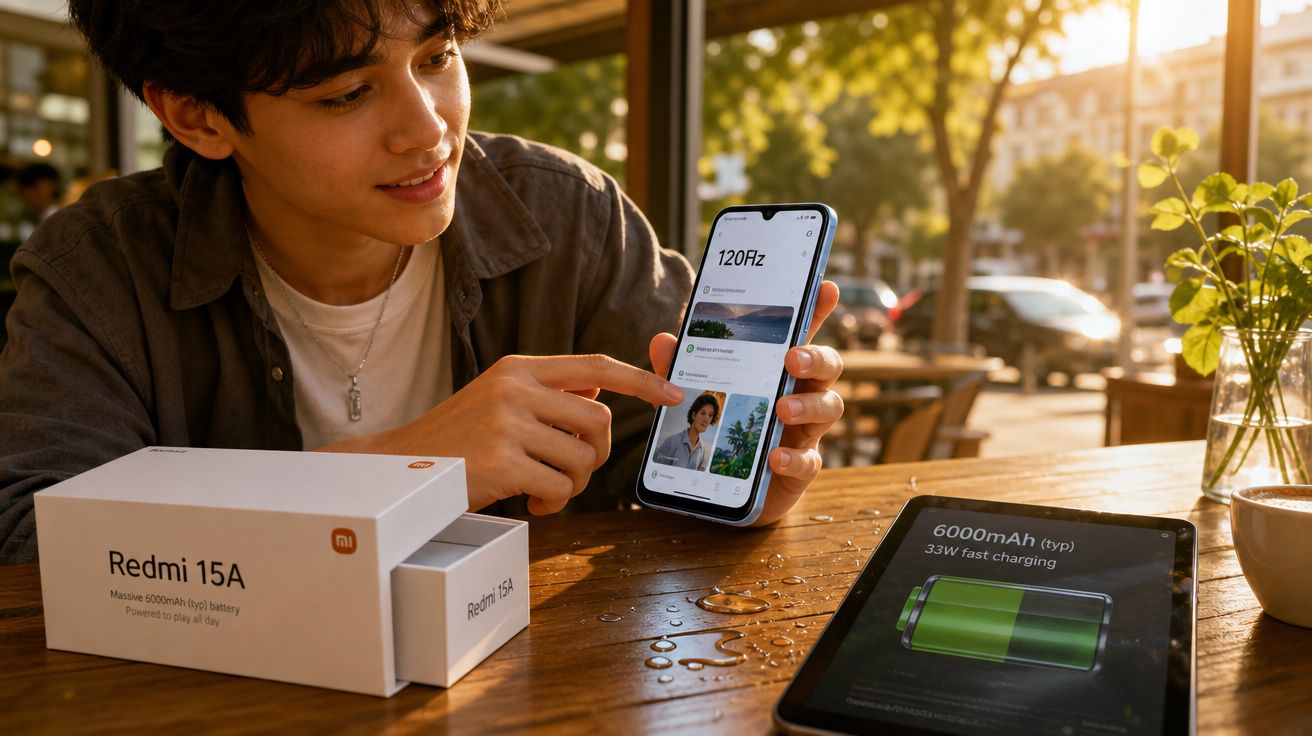 Jovem a mostrar ecrã de smartphone Redmi 15A com bateria de 6000mAh numa mesa com luz solar.