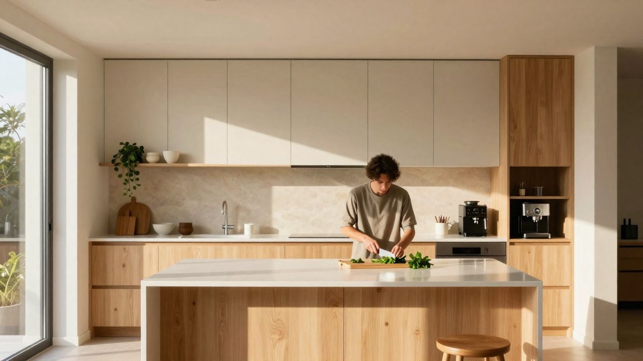 Cozinha moderna com ilha central e homem a cortar legumes numa bancada iluminada por luz natural.