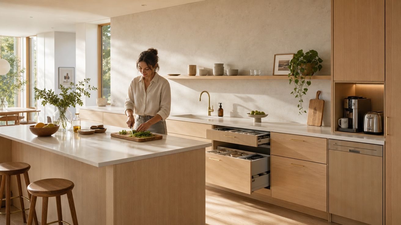 Mulher a preparar comida numa cozinha moderna com móveis de madeira clara e bancada de mármore branco.