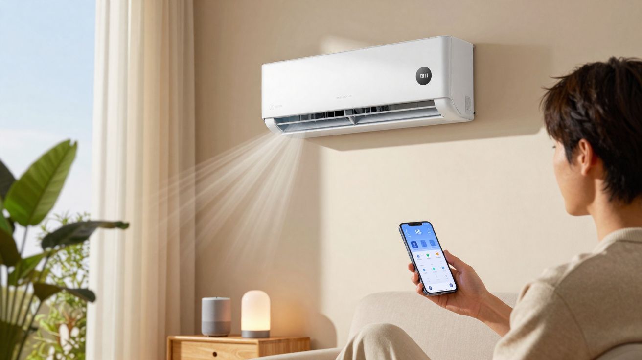 Pessoa a controlar ar condicionado de parede com smartphone numa sala confortável e iluminada.