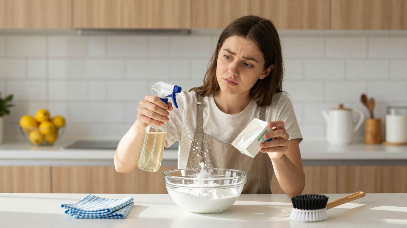 Mulher com bata de cozinha prepara mistura num recipiente de vidro numa bancada de cozinha moderna.