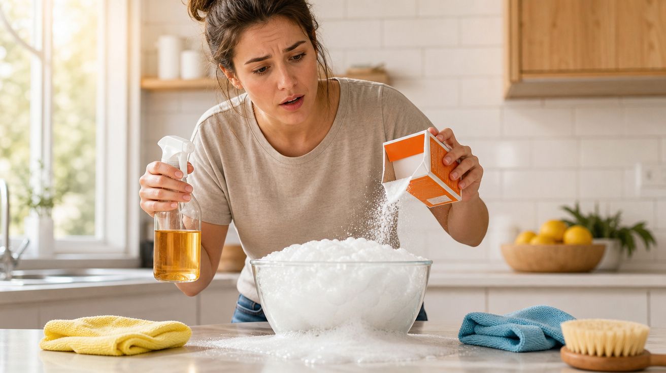 Mulher surpreendida a misturar produto de limpeza numa tigela cheia de espuma na cozinha.