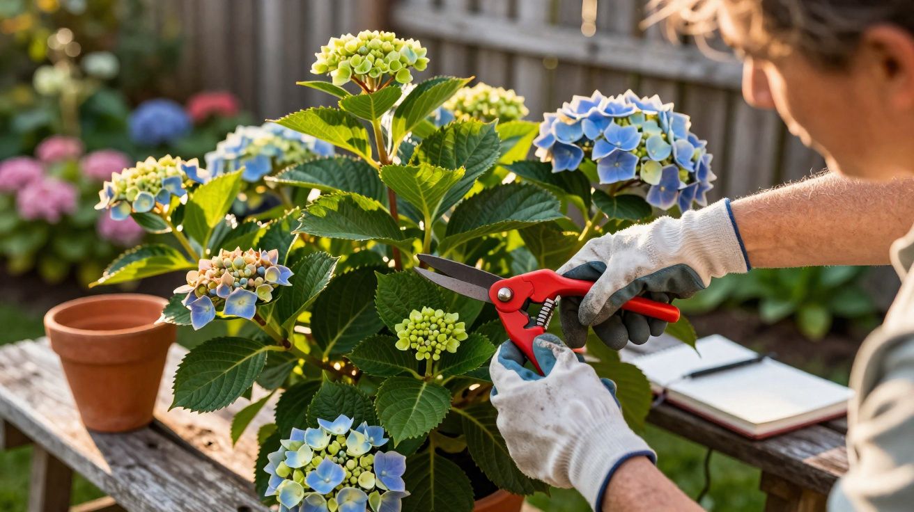 Pessoa a podar hortênsia azul num jardim, usando luvas e tesoura vermelha.