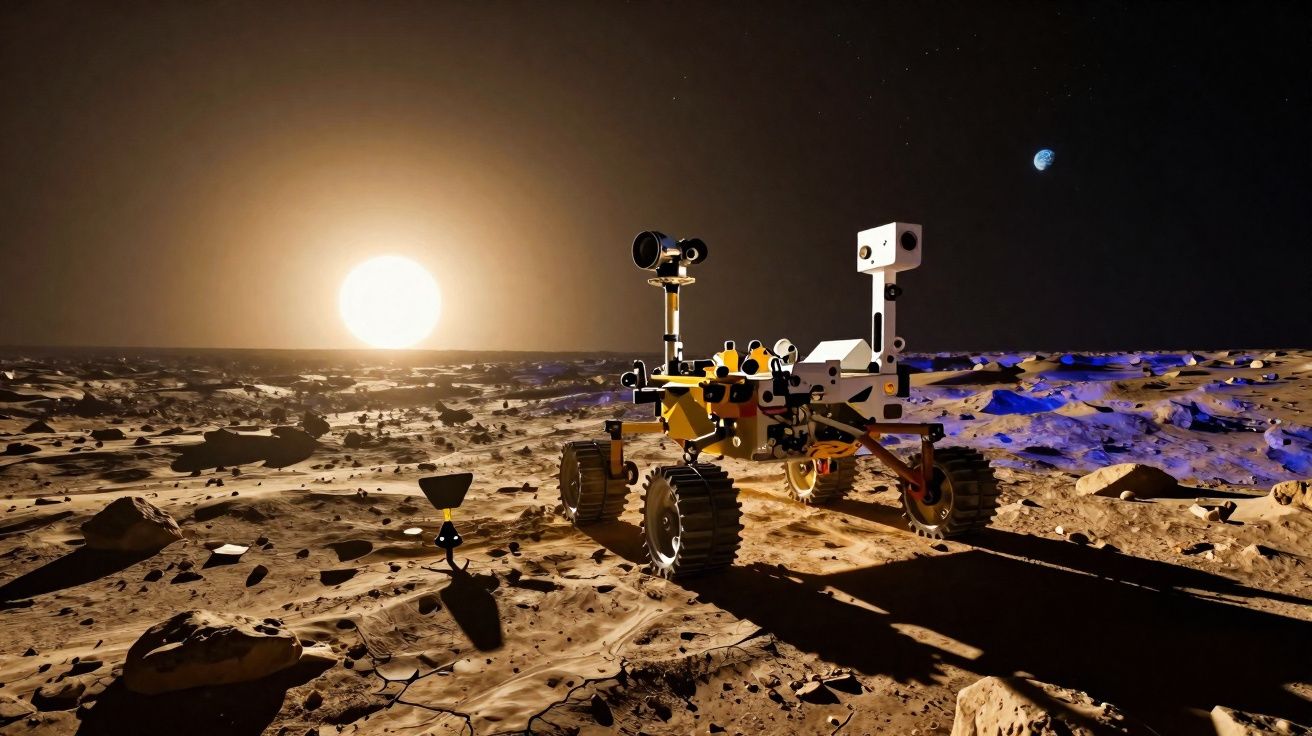 Rover exploratório na superfície de Marte com o Sol ao fundo e a Terra visível no céu escuro.