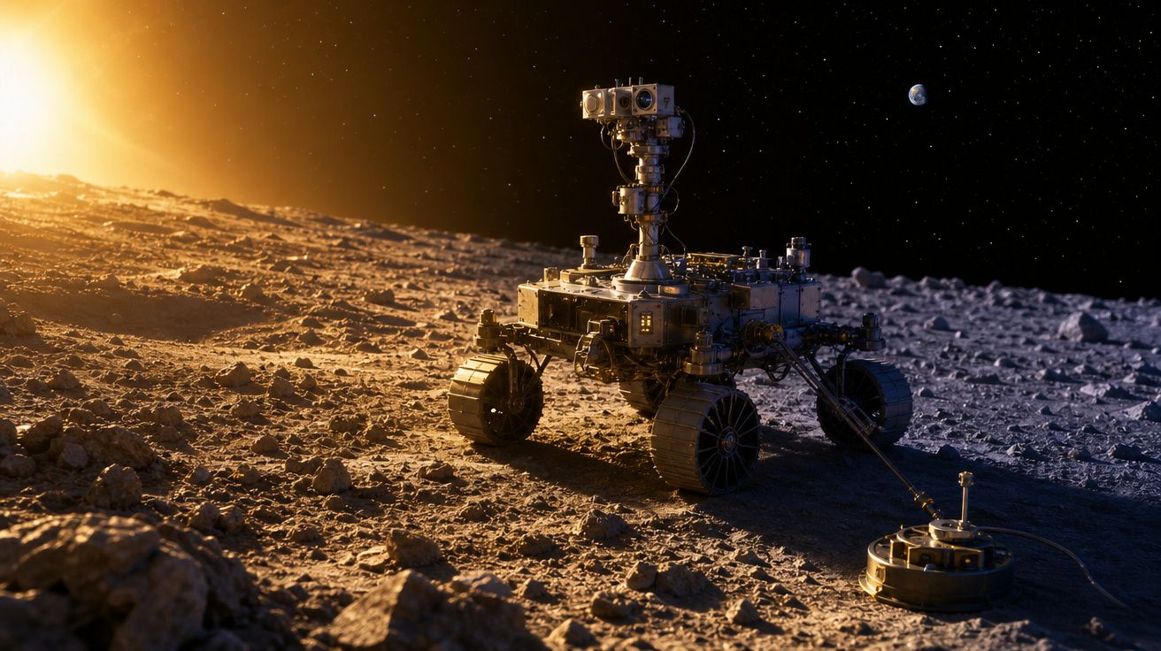 Rover explorador em superfície lunar rochosa sob luz solar com a Terra visível ao fundo no espaço.