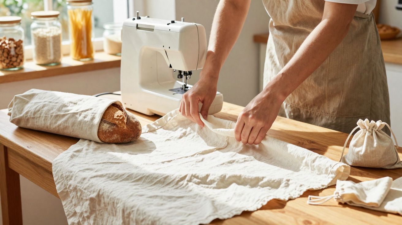 Pessoa a preparar saco de tecido para pão ao lado de máquina de costura numa cozinha iluminada.