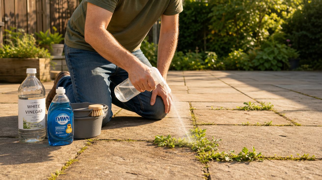 Pessoa a borrifar planta daninha num piso de pedra com produtos de limpeza ao lado num jardim.