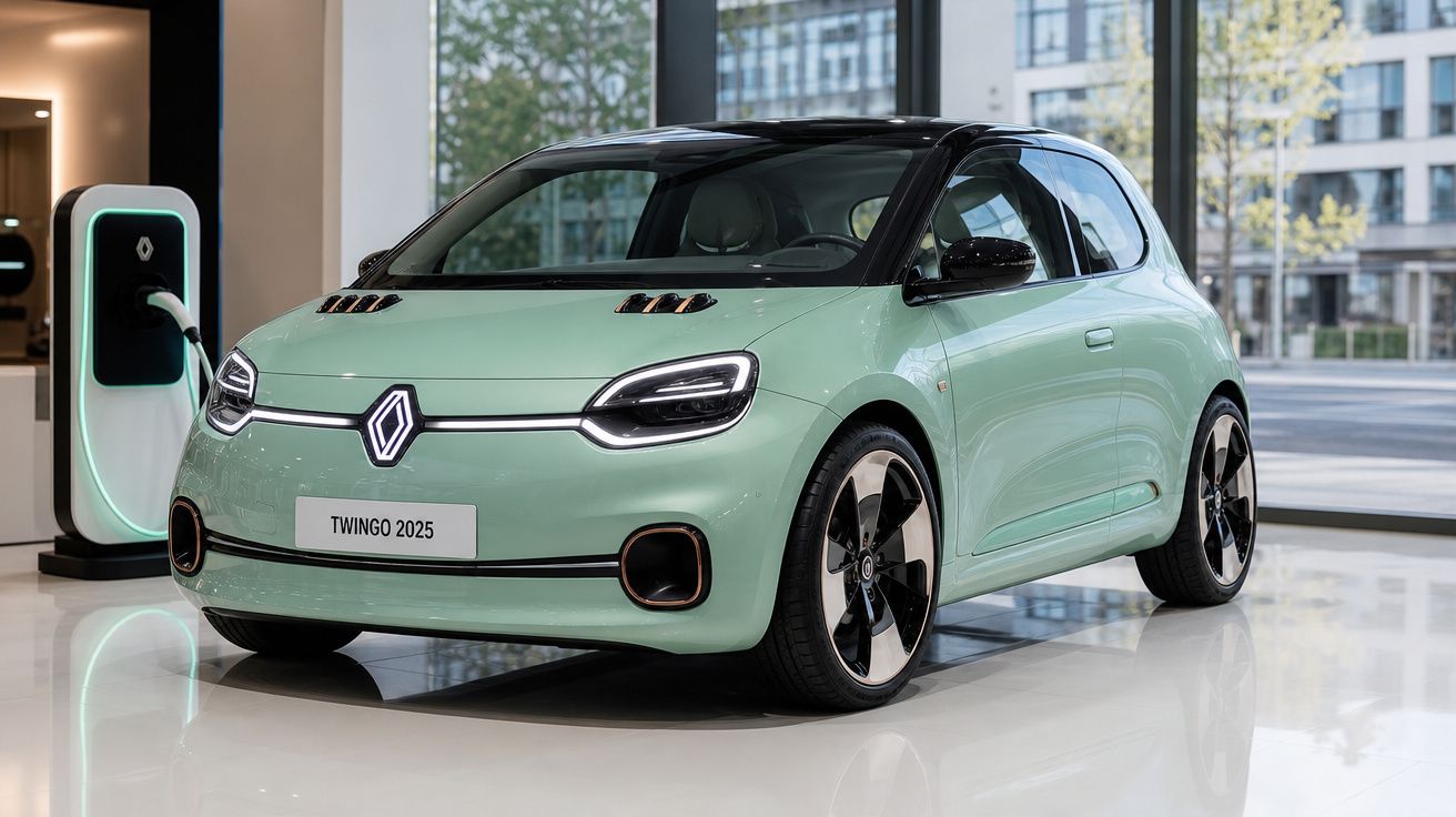 Automóvel eléctrico Renault Twingo 2025 verde claro em exposição interior junto a posto de carregamento.