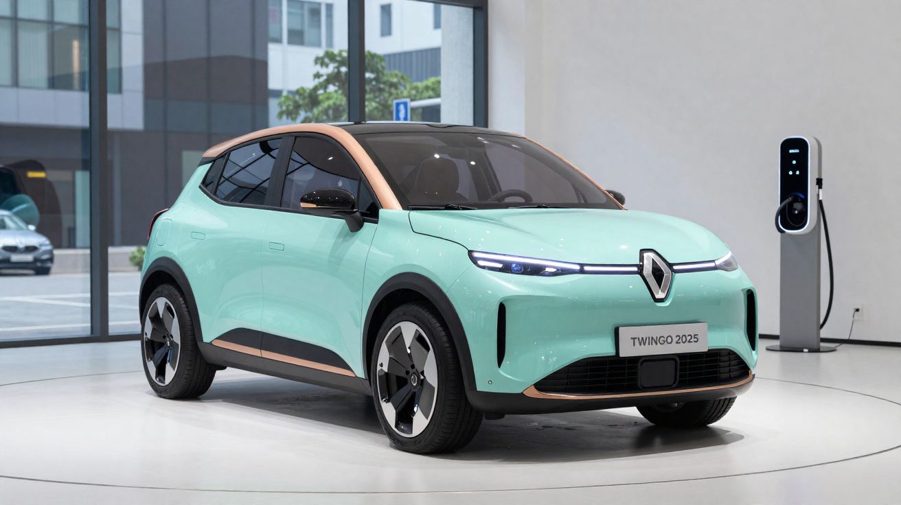 Carro elétrico Renault Twingo 2025 verde água com detalhes castanhos, exposto em espaço interno moderno.