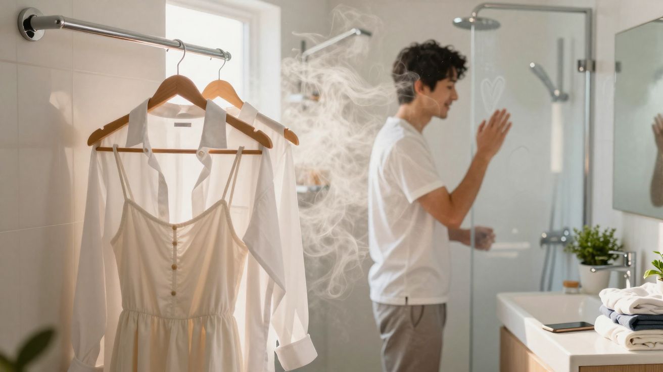 Roupas brancas a secar num cabide no banheiro com um homem a desenhar um coração na vaporização do espelho.