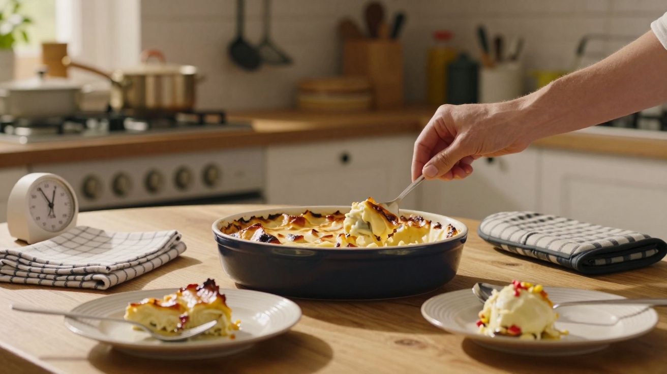 Mão a servir um prato de gratinado de batata, com porções já servidas em pratos na mesa de madeira da cozinha.