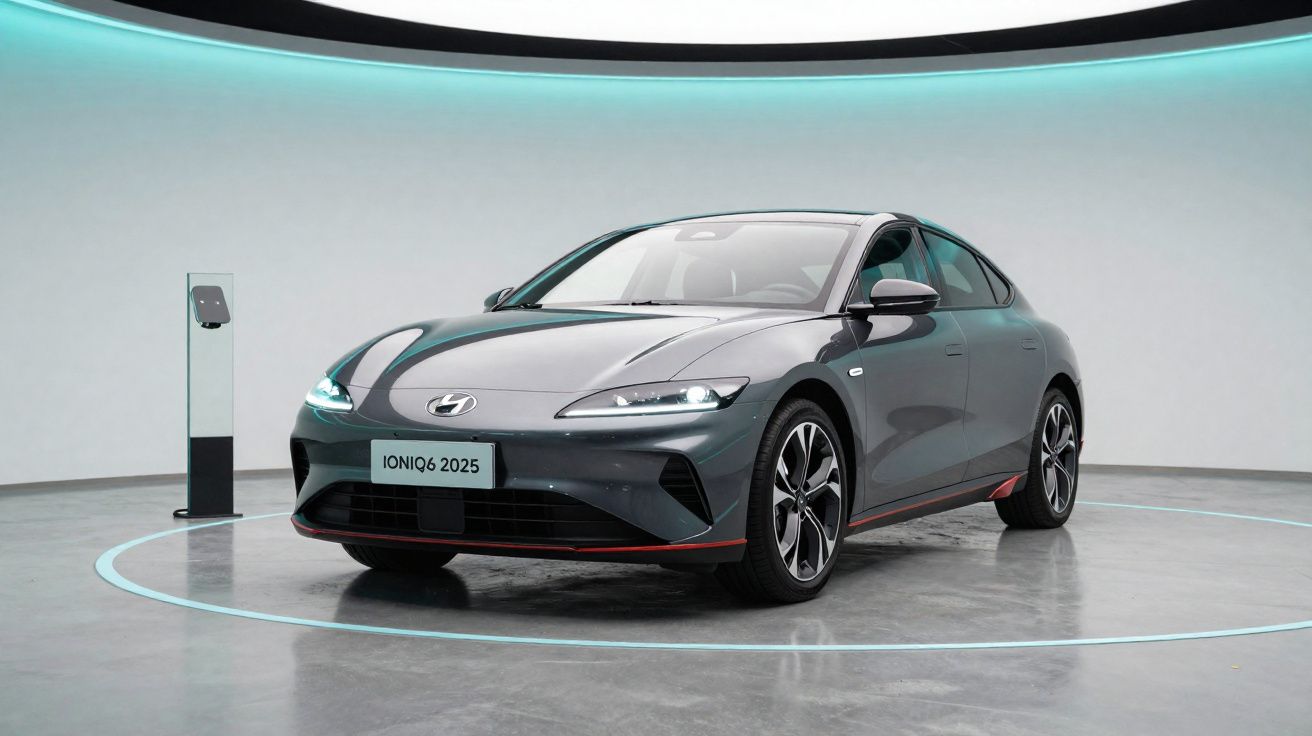 Carro elétrico cinza Hyundai Ioniq 6 2025 estacionado em espaço moderno com carregador ao lado.
